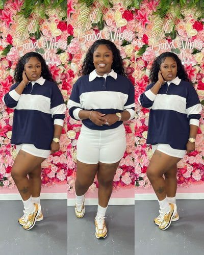 Stripe rugby polo top & biker shorts set