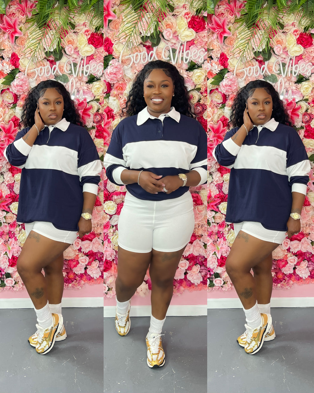 Stripe rugby polo top & biker shorts set
