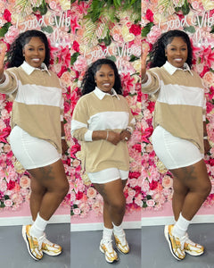 Stripe rugby polo top & biker shorts set