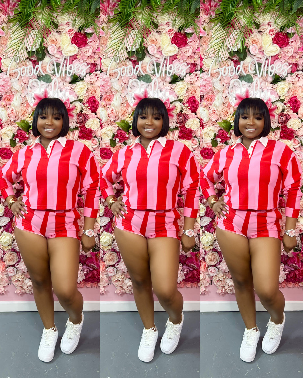 Vertical striped crop rugby top and shorts set