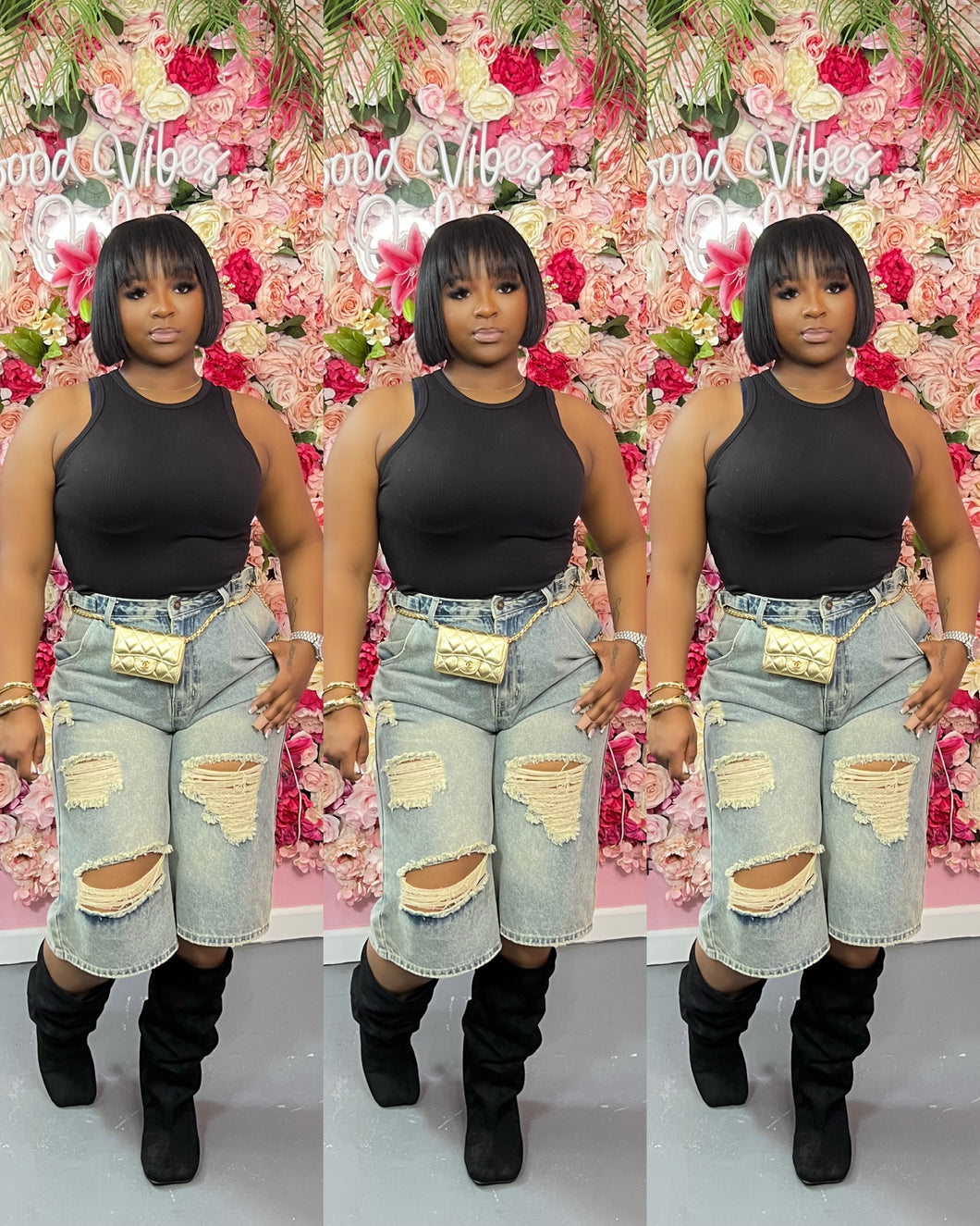 WAIST TRIM DISTRESSED WIDE LEG JORTS