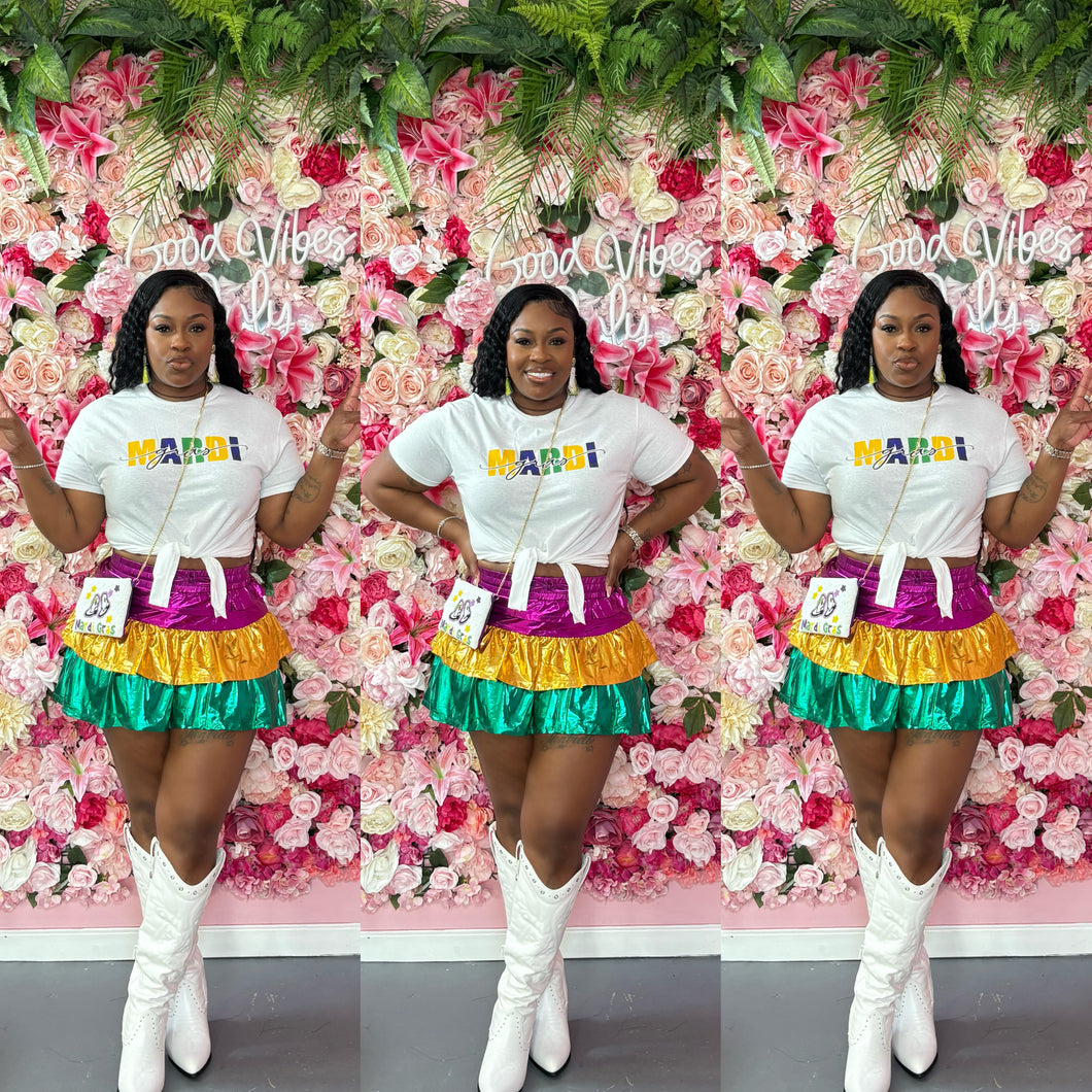 MARDI GRAS MULTI COLOR FOIL TIERED SKORT