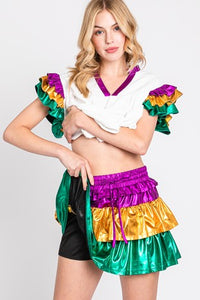 MARDI GRAS MULTI COLOR FOIL TIERED SKORT